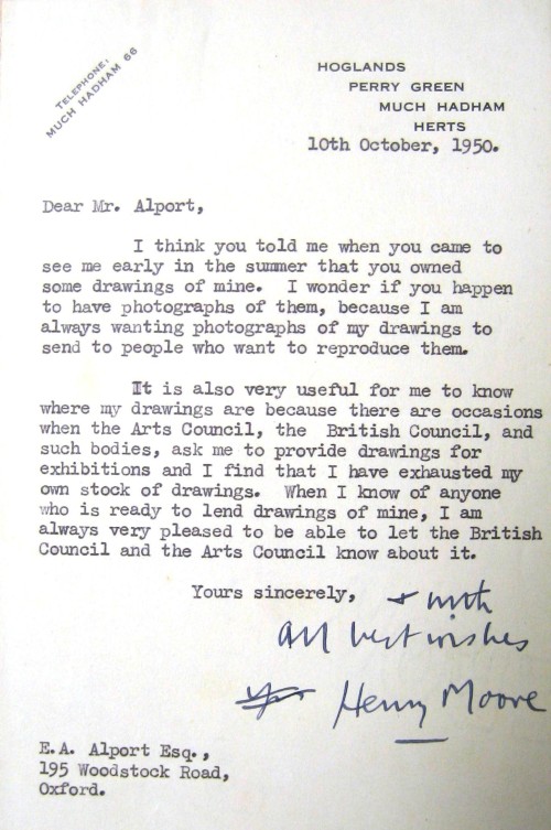 Letter from Henry Moore to Alport written on 10 October 1950